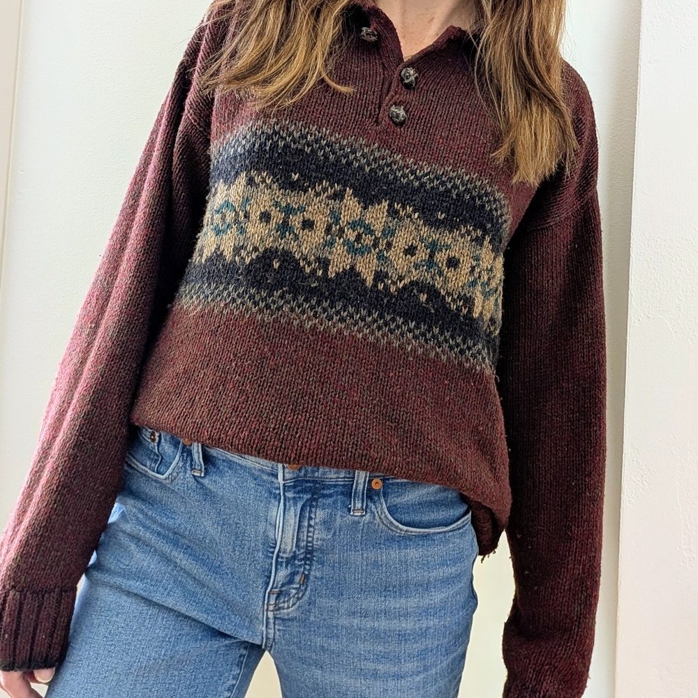 Vintage Fair Isle Abstract Geometric Wool Blend Henley Sweater In Burgundy/Black